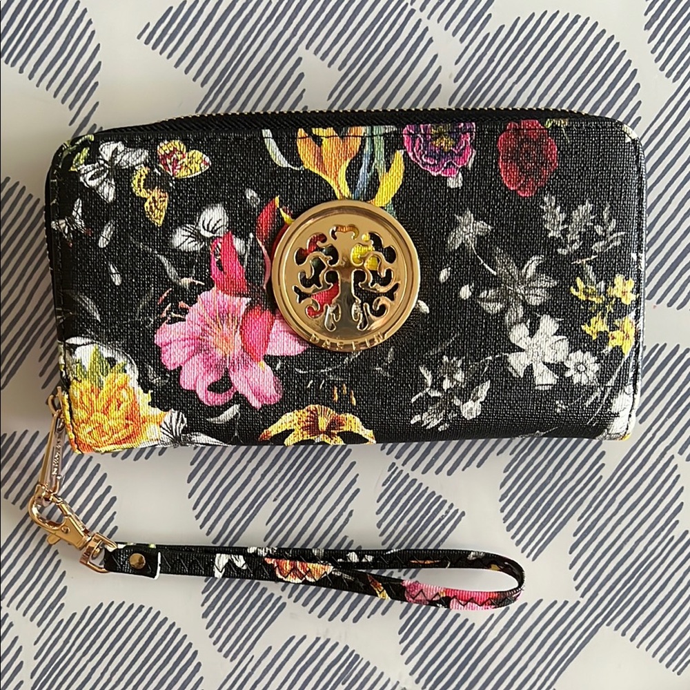 Floral Black Wallet with Gold Accents